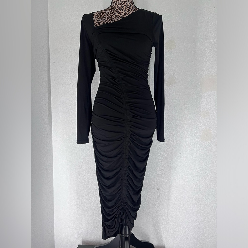 Asymmetrical perfect little black dress, mid-calf, fitted, ruched, & comfy